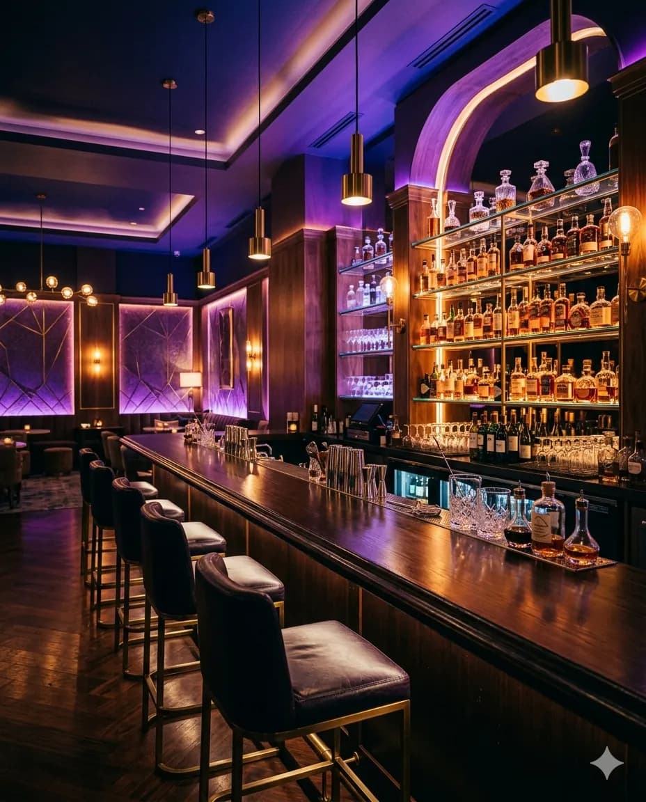 Interior do bar Iate Ben com iluminação atmosférica