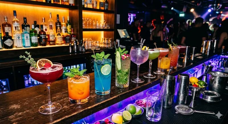 Zona do bar com cocktails a serem servidos